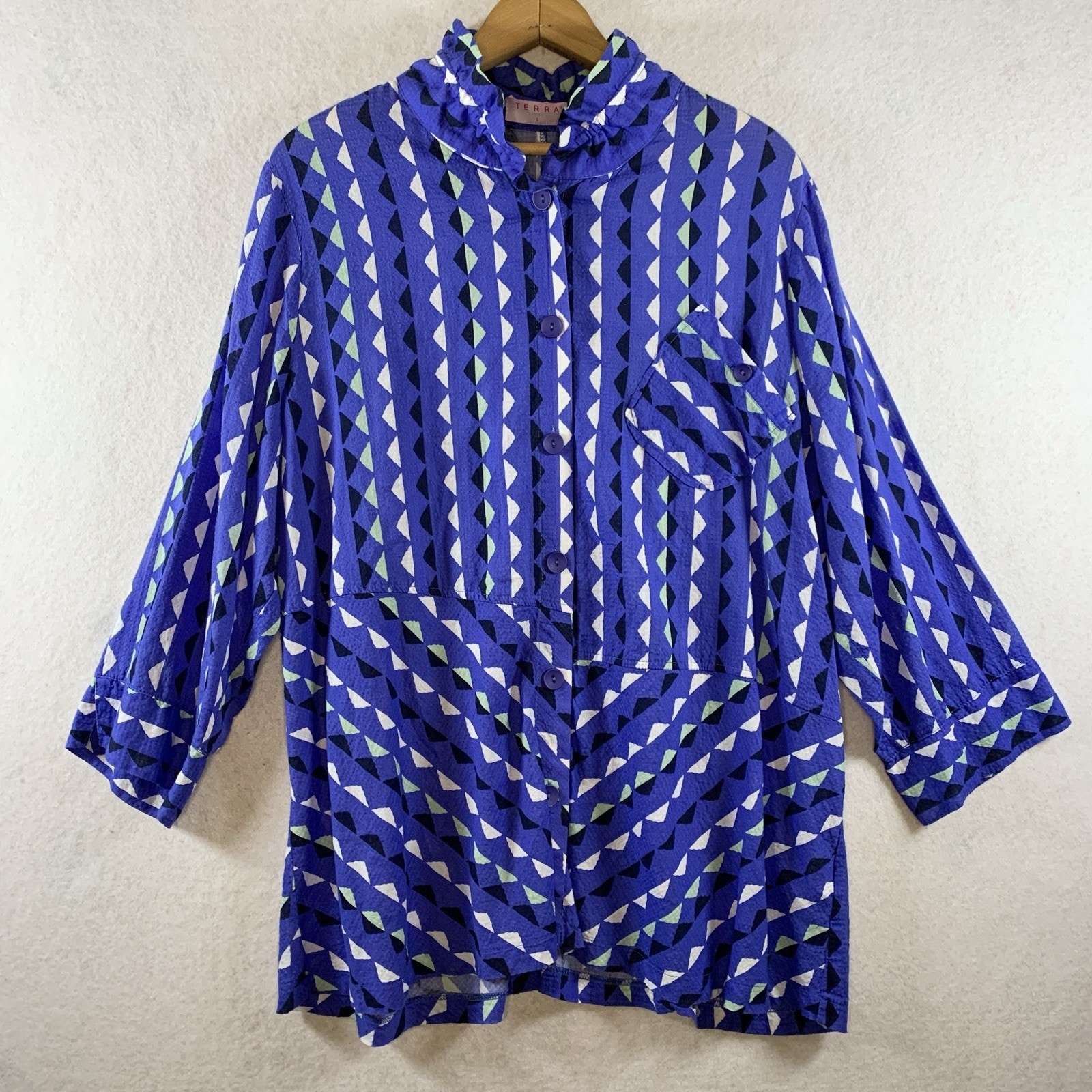 Vintage Terra Women Geometric Button Top Sz L Oversized Artsy Boho Made Korea